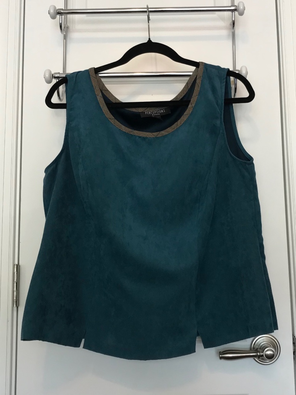 Perceptions teal sueded tank with brown ribbed trim scoop neck & side zip (14W)
